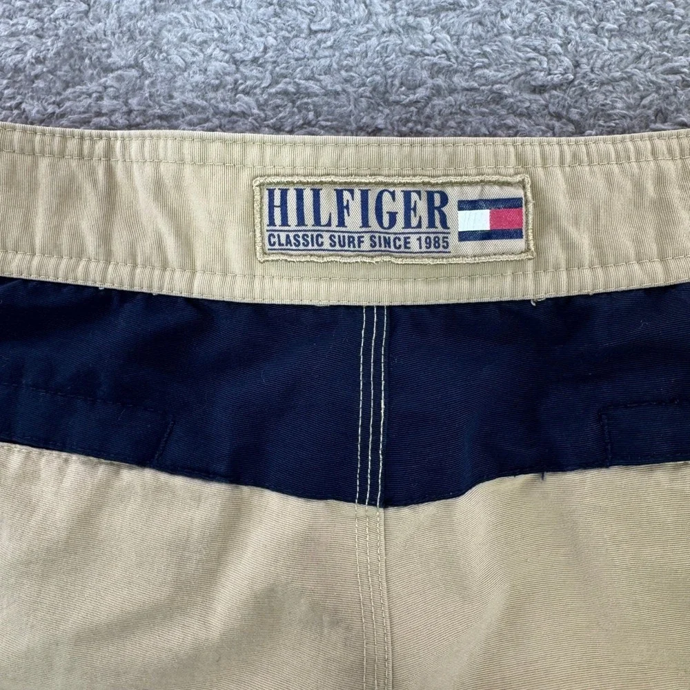 Y2K Tommy Hilfiger Vintage Mens XL Tan Navy‎ Colorblock Board Shorts Swim Trunks